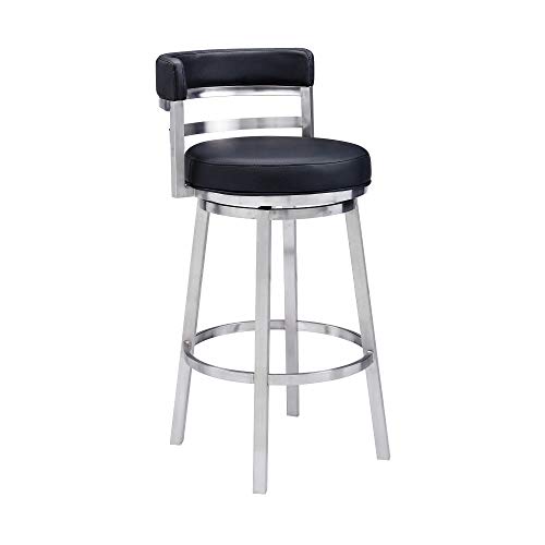 Armen Living Madrid 26" Seat Height Swivel Modern Black Faux Leather and Brushed Stainless Steel Bar Stool for Kitchen Island Counter