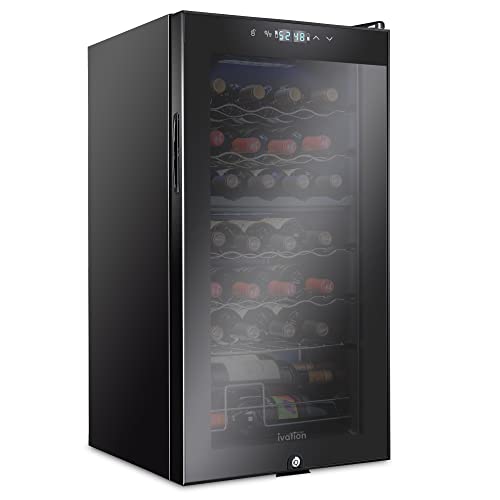 Ivation 28 Bottle Compressor Wine Cooler Refrigerator w/Lock | Large Freestanding Wine Cellar For Red, White, Champagne or Sparkling Wine | 41f-64f Digital Temperature Control Fridge Glass Door Black