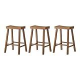 Maven Lane Vincent 26 Inch Tall Counter Height Backless Rectangular Saddle Barstool in Antiqued Natural Finish with Rustic Wood Top Seat, Set of 3