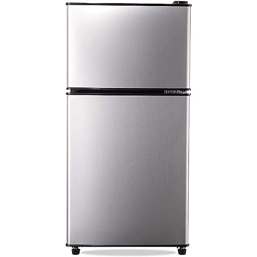 WEILIG Two Door Mini Fridge with Freezer 3.4 cu.Ft, 7 Level Adjustable Thermostat for Dorm, Office, Bedroom, Apartment - Silver