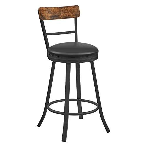 VASAGLE Swivel Bar Stools Counter Height, 25.8 Inch Barstools Chairs with Backs, Upholstered Cushioned Seat and Footrest, Easy Assembly, Industrial Steel Frame, Black and Rustic Brown ULBC077B01