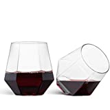 Munfix Plastic Stemless Wine Glasses 32 Pack - Diamond Shaped Unbreakable Disposable 12 Oz Clear Plastic Wine Champagne Whiskey Cups, Shatterproof Recyclable and BPA-Free