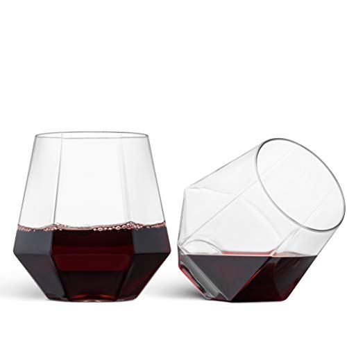 Munfix Plastic Stemless Wine Glasses 32 Pack - Diamond Shaped Unbreakable Disposable 12 Oz Clear Plastic Wine Champagne Whiskey Cups, Shatterproof Recyclable and BPA-Free