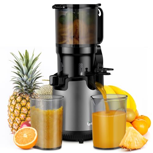 GDOR Cold Press Juicer, Slow Masticating Juicer Machines with 5.3" Extra Feed Chute Fit Whole Fruits & Vegetables, Self Feeding Juicer with High Yield, Heavy Duty, Easy to Clean, 250W, Grey
