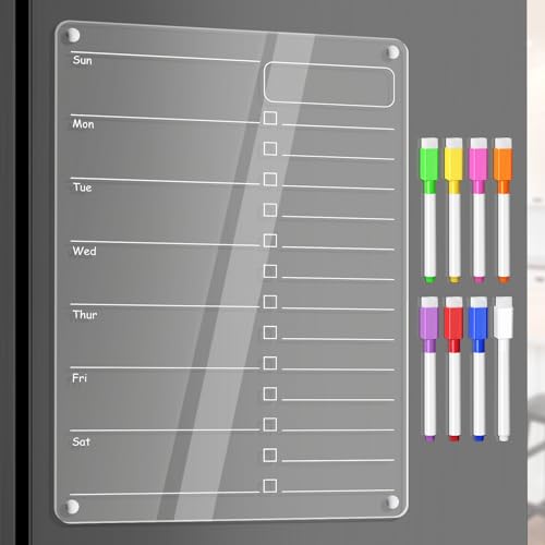 Acrylic Meal Planner Magnetic Menu Board for Kitchen Fridge Planning Board to Do List Shopping List Grocery List w/ 8 Markers, Clear Weekly Calendar for Refrigerator Dry Erase Board, 12x9’’