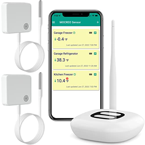MOCREO WiFi Thermometer Freezer Alarm, Email Alert, App Notification, Data Record Export, No Subscription Fee, Remote Wireless Temperature Sensor for Refrigerator, Freezer, Hot Tub (2 Pack) …
