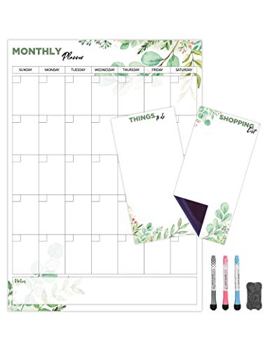 Monthly Magnetic Calendar for Refrigerator (Leaf) | Set of 3 Vertical Magnetic Dry Erase Board: Magnetic Fridge Planner 12 x 17 Inch, Shopping List & to Do List 4 x 8 Inch | 3 Markers & 1x Eraser
