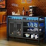 YITAHOME Liquor Cabinet Bar for Home, 47" Industrial Wine Buffet Cabinet with LED Lights,Power Outlets and Wine Rack Storage Small Coffee Bar Cabinet for Kitchen Dining Living Room Black