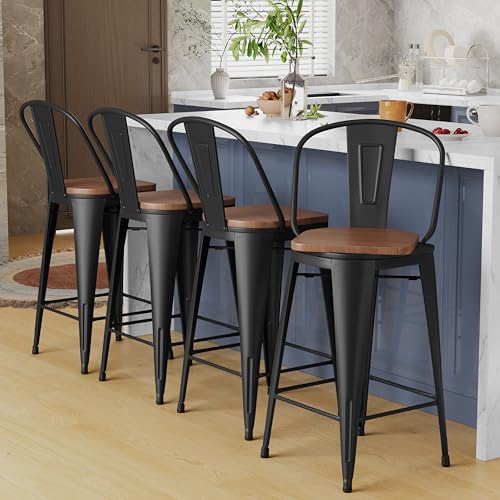Alunaune 26" Swivel Metal Bar Stools Set of 4 High Back Counter Height Barstools Industrial Dining Bar Chairs with Large Wooden Seat-Matte Black