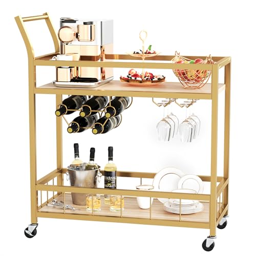 Furmax Bar Cart Gold Home Industrial Mobile Bar Cart Serving Wine Cart on Wheels with Wine Rack and Glass Holder 2 Storage Shelves, Beverage Cocktail Cart for The Home Kitchen Dining Party