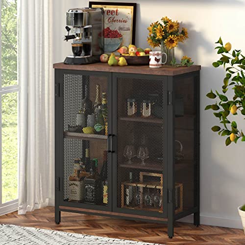 BON AUGURE Coffee Bar Cabinet for Home, Liquor Cabinet with Storage for Whiskey Alcohol, Mini Farmhouse Buffet Sideboard Station for Kitchen & Dining Room (Rustic Oak)