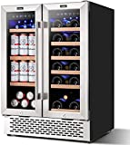 COLZER Wine and Beverage Refrigerator 24 inch, Dual Zone Wine Cooler Under Counter Lockable 18 Bottles and 57 Cans Fridge Built in Freestanding for Beer Soda Drink Bar Kitchen Cabinet Commercial