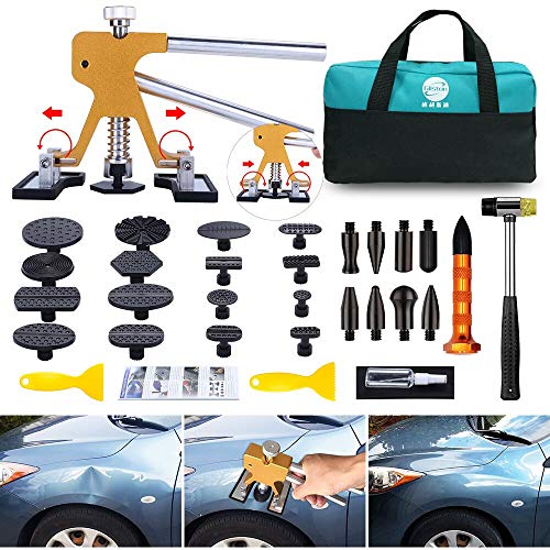 GLISTON Paintless Dent Puller – Golden Dent Puller Kit, 35pcs Dent Remover Tools with Adjustable Width Dent Repair Tools for Car, DIY Auto Body Dent Repair