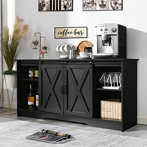 4 EVER WINNER Coffee Bar Cabinet with Sliding Barn Doors, 59" Coffee Bar Table Sideboard Buffet Cabinet with Storage, Farmhouse Buffet Cabinet Cupboard for Kitchen Living Dining Room, Espresso