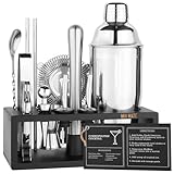 Mixology Bartender Kit with Stand - 15 Piece Bar Tool Set, Silver Bar Set Cocktail Shaker Set for Drink Mixing - includes Martini Shaker, Jigger, Strainer, Bar Mixer Spoon, Tongs, Opener | Gift Idea