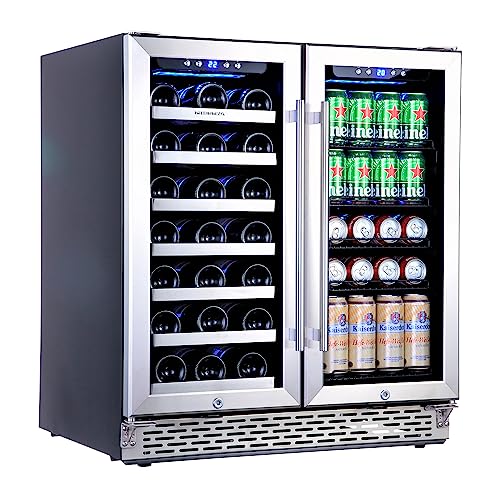 Phiestina Wine and Beverage Refrigerator, 30 inch Wine Cooler, Built-in or Freestanding Large Fridge 33 Bottles&100Cans|Dual Zone&Temp Defrosting Function,for Home/Bar/Office