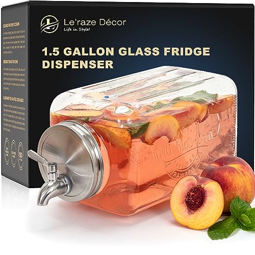 Glass Beverage Dispenser for Parties - 100% Leakproof Stainless Steel Spigot - Drink Dispenser for Fridge, Liquid Laundry Detergent Dispenser, Ice Bucket, Water Dispenser Countertop, 1.5-Gallon Jug