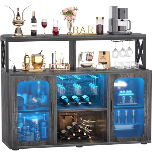 Aheaplus Bar Cabinet with Power Outlets, Liquor Cabinet with Led Lights and Glass Holder, Storage Buffet Cabinet Coffee Bar Cabinet for Liquor, Wine Cabinet with Racks for home, Kitchen, Black Oak
